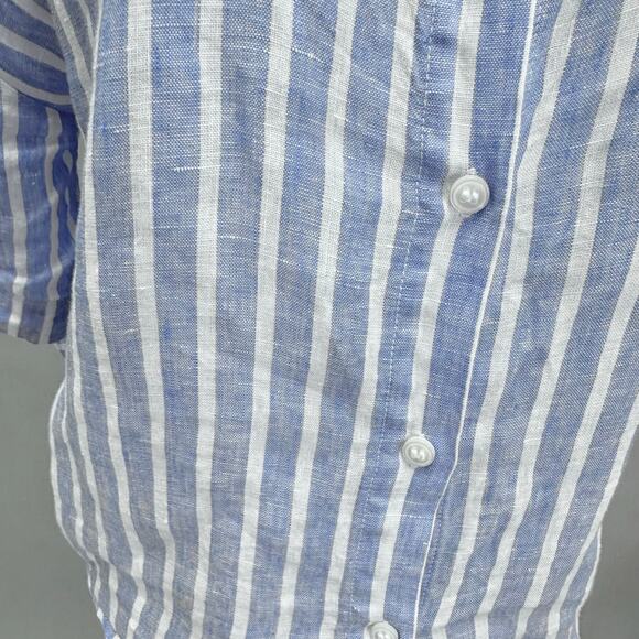 H&M blue striped linen 3/4 sleeve button up cropped top size Small boxy oversize - Picture 6 of 16